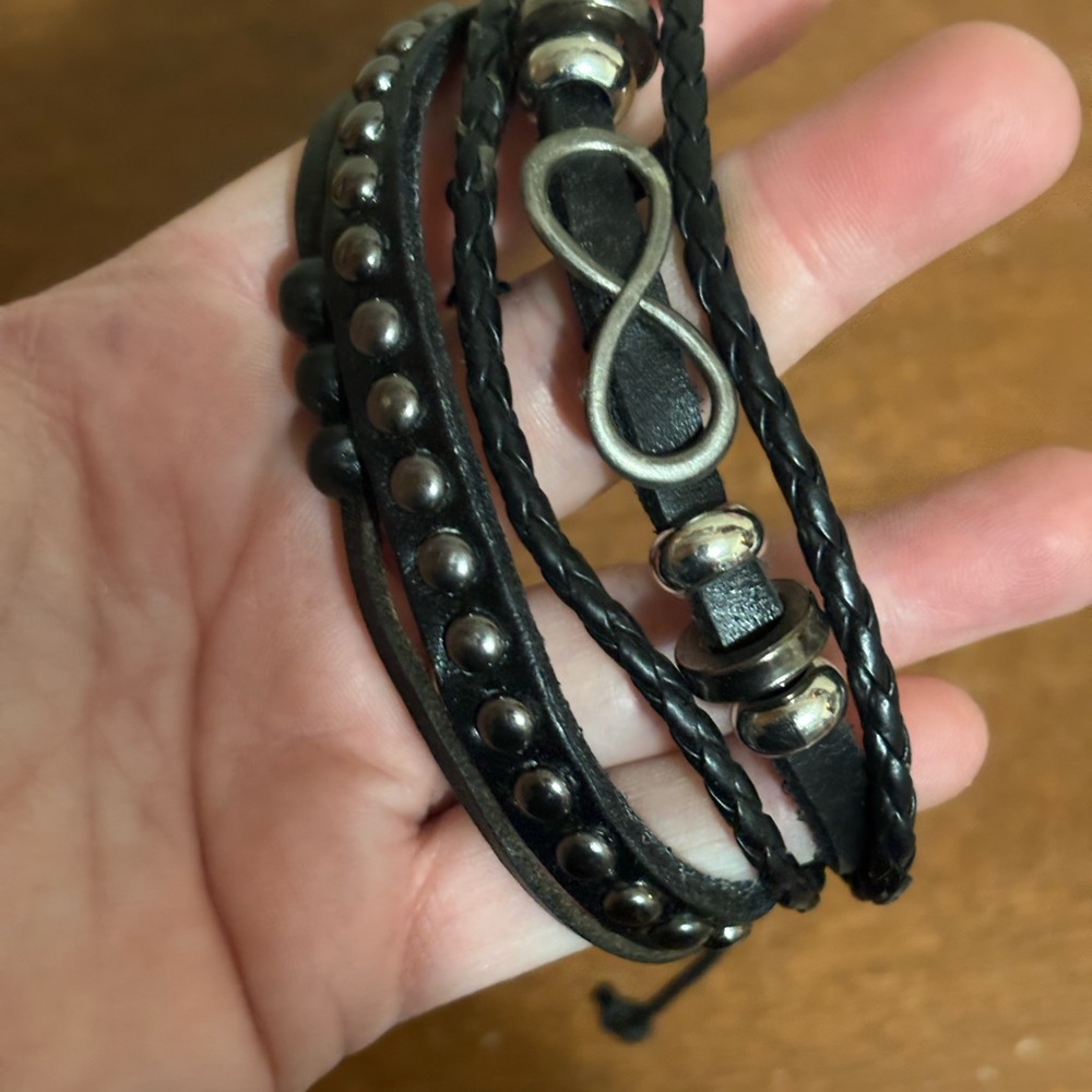 Black Leather Wrap Bracelet with Silver Accents